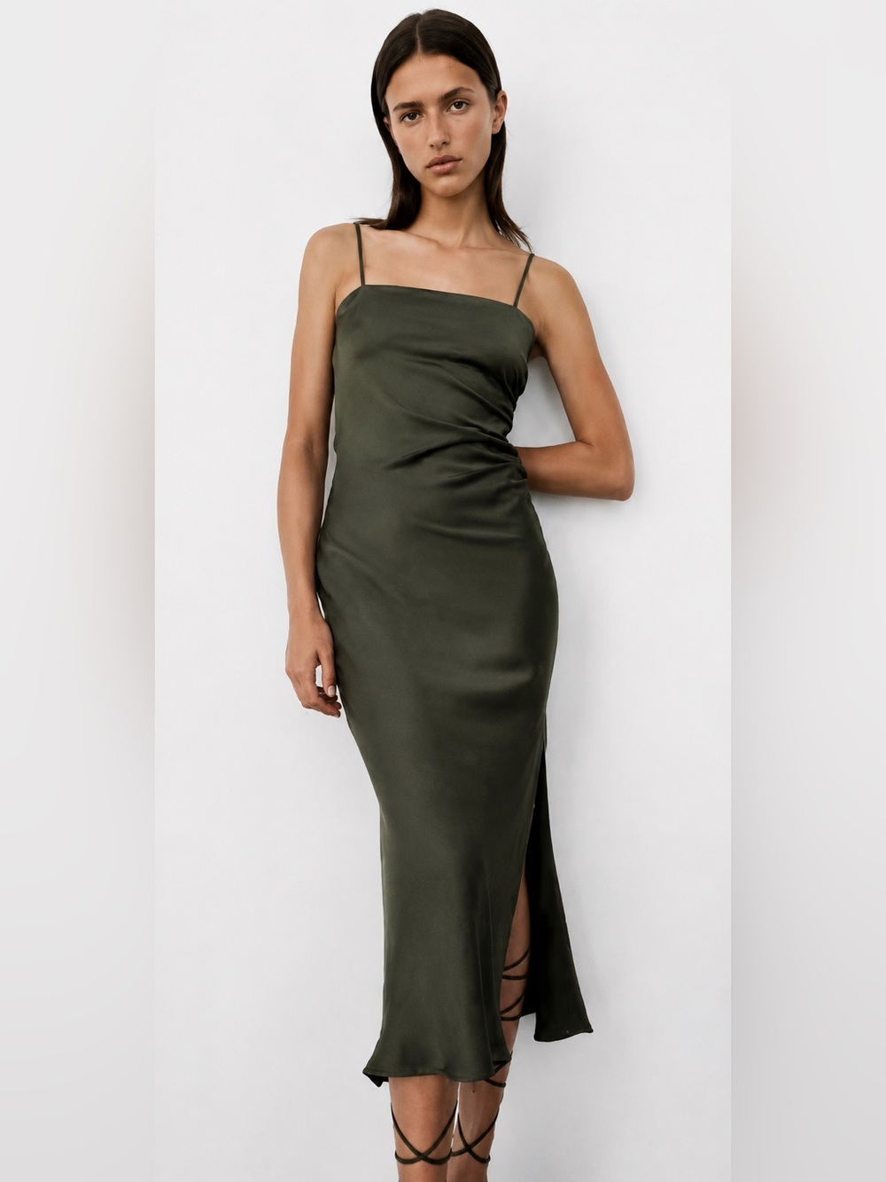 Zara Olive Green Satin Midi Slip Dress